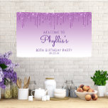 Glam Purple Glitter Drip 80th Birthday Banner<br><div class="desc">Welcome guests with this girly,  glamourous eightieth birthday party banner,  featuring a sparkly purple faux glitter drip border and purple ombre background. Personalise it with her name in purple handwriting script,  with the birthday and date below in purple sans serif font.</div>