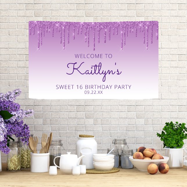 Glam Purple Glitter Drip Sweet 16 Party Banner (Creator Uploaded)