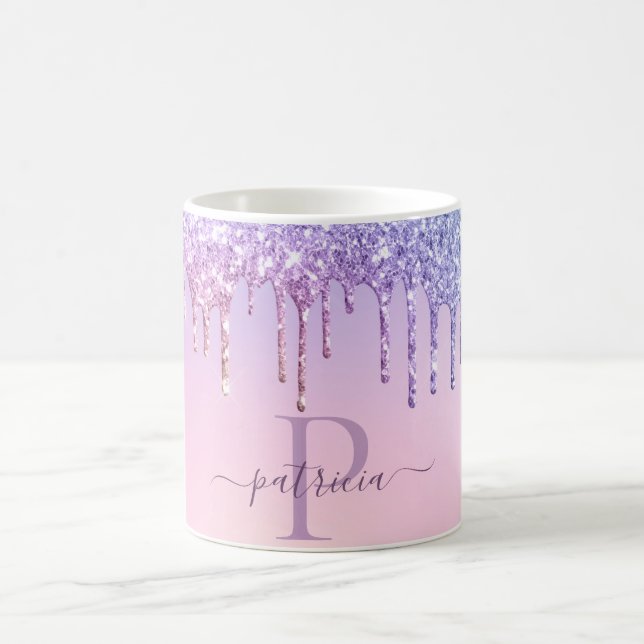 Glam Purple Glitter Drips Elegant Monogram Coffee Mug (Center)