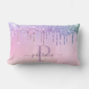 Glam Purple Glitter Drips Elegant Monogram Lumbar Cushion