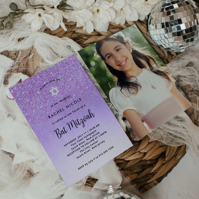 Glam Purple Glitter Look Bat Mitzvah | Photo Back Invitation (Creator Uploaded)