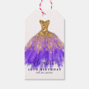 Glam Purple Gold Glitter Dress Birthday Thank You Gift Tags