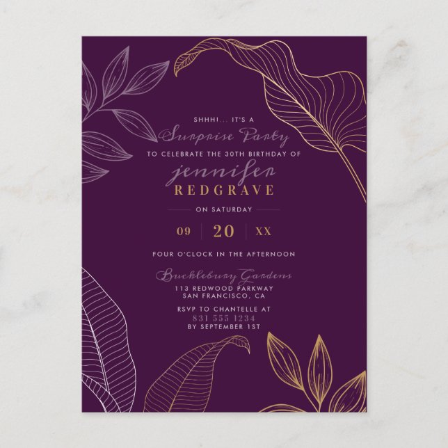 Glam Purple & Gold Leaves Modern Surprise Party Invitation Postcard (Front)