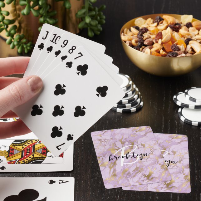 Glam Purple Gold Marble Script Monogram  Playing Cards (In Situ)