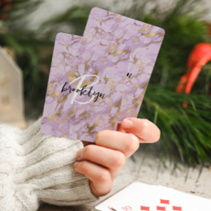 Glam Purple Gold Marble Script Monogram  Playing Cards