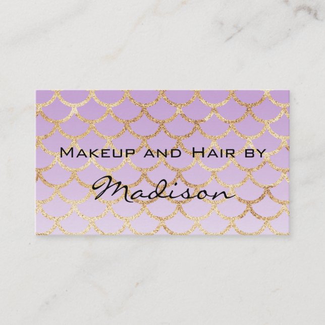 Glam Purple & Gold Mermaid Glitter Makeup Artist Business Card (Front)
