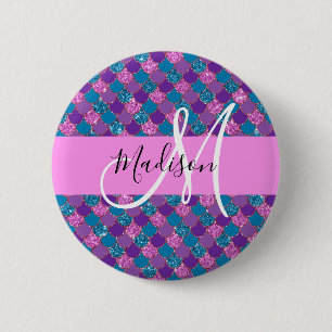Glam Purple Mermaid Glitter Sparkles Monogram Name 6 Cm Round Badge