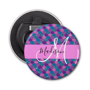 Glam Purple Mermaid Glitter Sparkles Monogram Name Bottle Opener