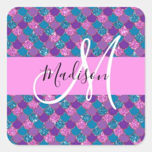 Glam Purple Mermaid Glitter Sparkles Monogram Name Square Sticker