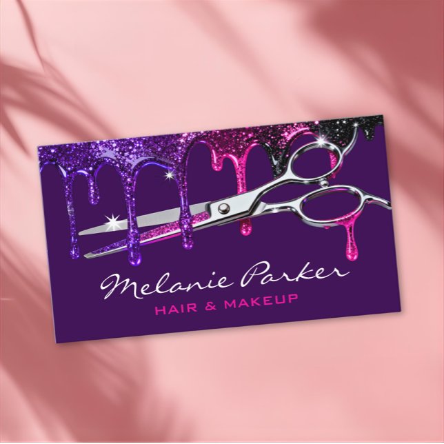 Glam Purple Pink Glitter Drip Hair Stylist  Business Card (Creator Uploaded)