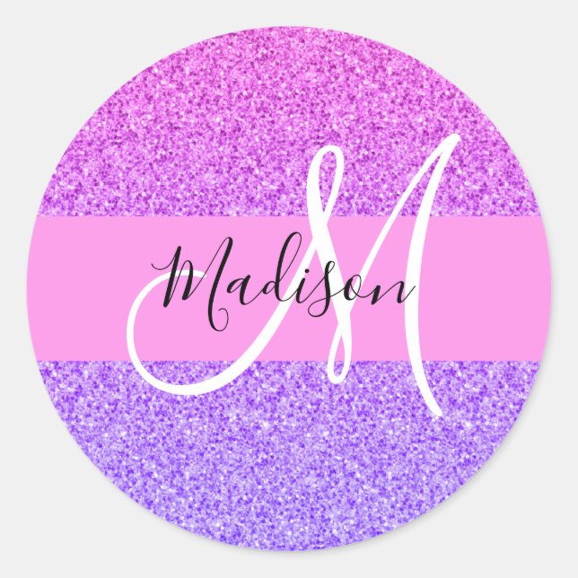 Glam Purple Pink Glitter Sparkle Gradient Monogram Classic Round Sticker (Front)