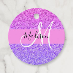 Glam Purple Pink Glitter Sparkle Gradient Monogram Favour Tags