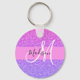 Glam Purple Pink Glitter Sparkle Gradient Monogram Key Ring