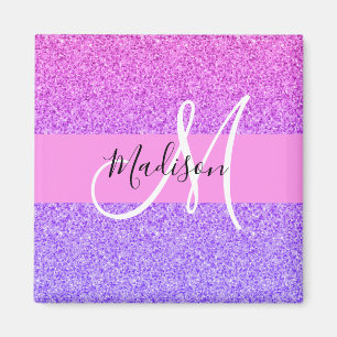 Glam Purple Pink Glitter Sparkle Gradient Monogram Magnet