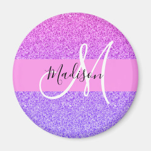 Glam Purple Pink Glitter Sparkle Gradient Monogram Magnet