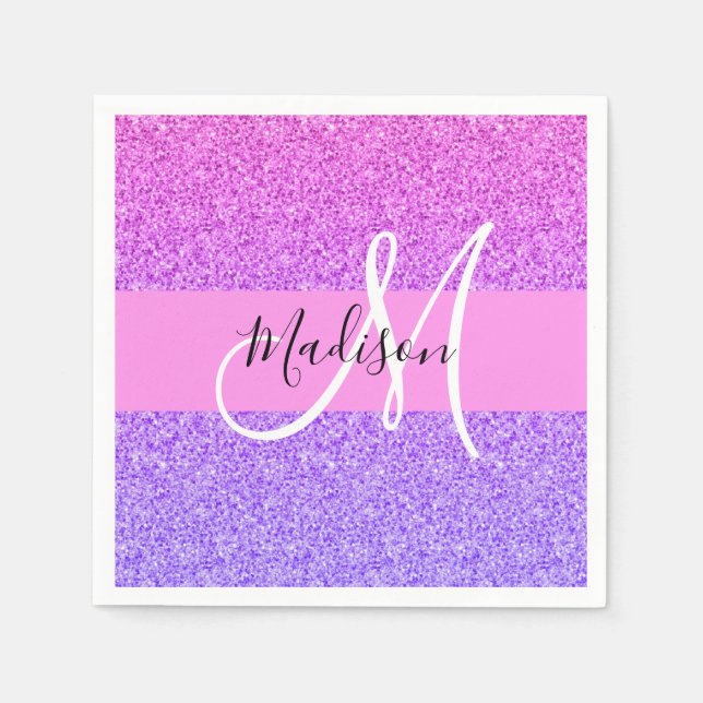 Glam Purple Pink Glitter Sparkle Gradient Monogram Napkin (Front)