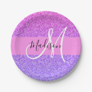 Glam Purple Pink Glitter Sparkle Gradient Monogram Paper Plate