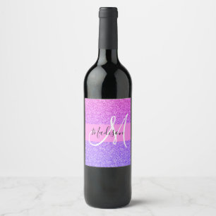 Glam Purple Pink Glitter Sparkle Gradient Monogram Wine Label