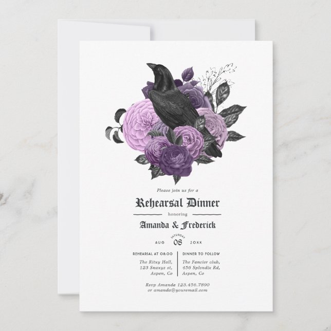 Glam Purple Raven Gothic Rehearsal Dinner Invitation (Front)