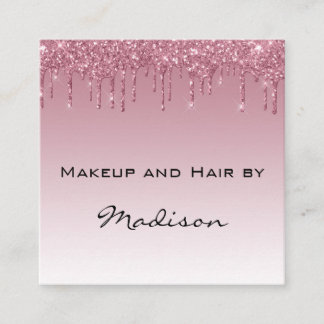 Glam Purple Rose Gold Glitter Drips Makeup Artist Square Business Card