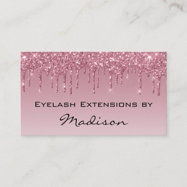 Glam Purple Rose Gold Glitter Drips Makeup Eyelash Business Card (Front)