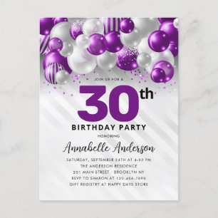Glam Purple Silver Balloon Glitter 30th Birthday Postcard