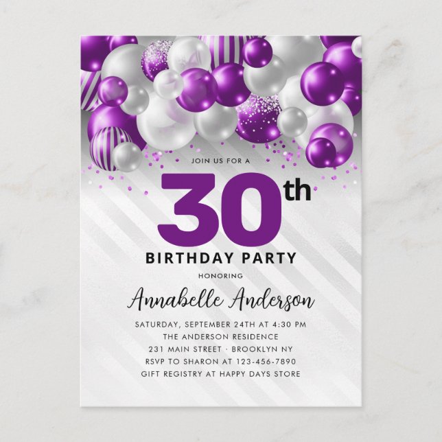 Glam Purple Silver Balloon Glitter 30th Birthday  Postcard (Front)
