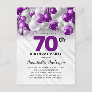 Glam Purple Silver Balloon Glitter 70th Birthday Postcard