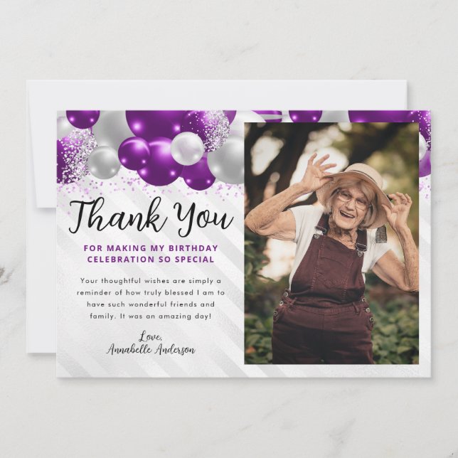 Glam Purple Silver Balloon Glitter Photo Birthday Thank You Card (Front)