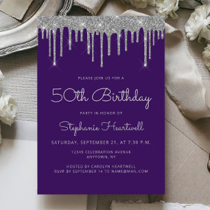 Glam Purple Silver Glitter Drip 50th Birthday Invitation