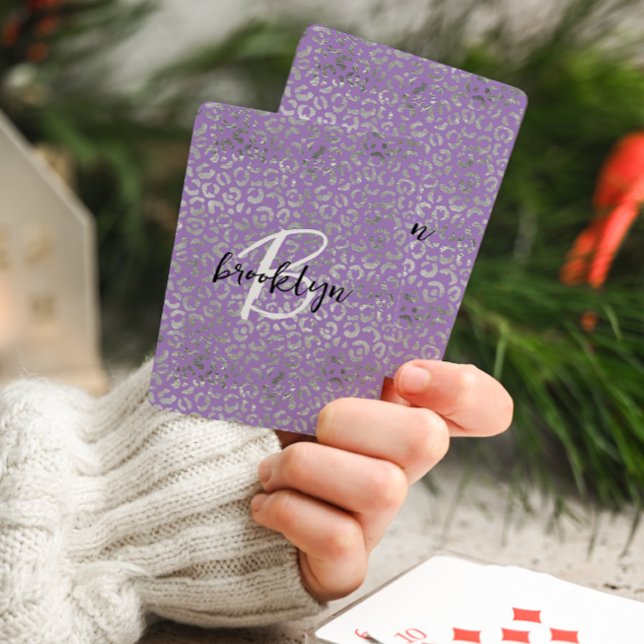 Glam Purple Silver Leopard Spots Script Monogram  Playing Cards (Creator Uploaded)