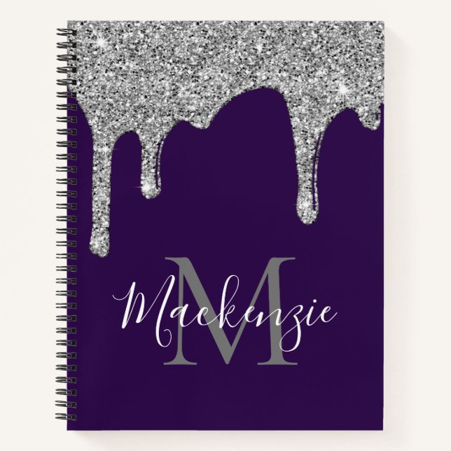 Glam Purple Sparkle Dripping Glitter Monogram Notebook (Front)