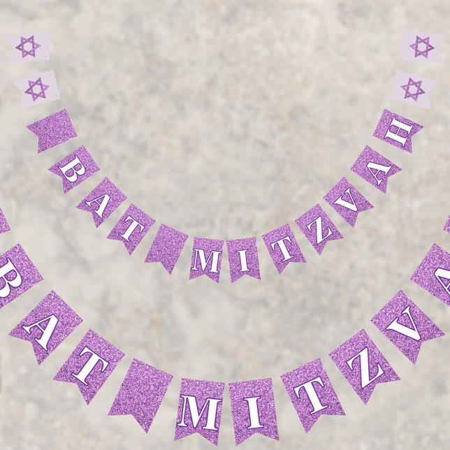 Glam Purple Sparkle Girl Chic Elegant Bat Mitzvah Bunting (Add these purple faux glitter bunting flags to your Bat Mitzvah party decorations for extra fun)