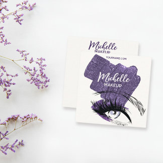 Glam Purple Sparkly Glittery Eye Makeup Artist Square Business Card