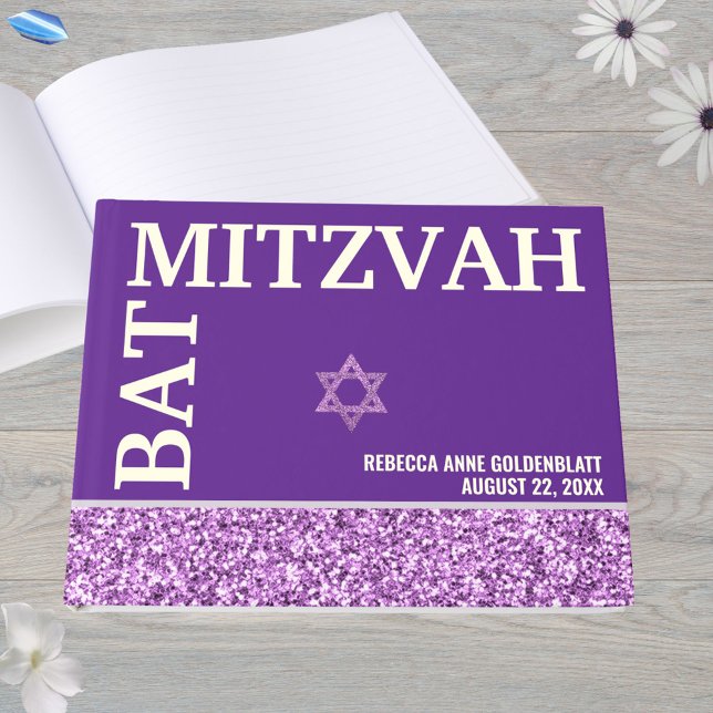 Glam Purple Star Of David Bat Mitzvah Gold Guest Book (This faux purple glitter Bat Mitzvah guest book with real gold foil is easy to personalize)