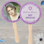 Glam Purple Trendy Girl Photo Bat Mitzvah Party Hand Fan<br><div class="desc">Rimmed in faux purple glitter on both sides, these fun photo hand fans make cute Bat Mitzvah party favours. Easy to customise, just add your daughter's photo where it will appear with a border of printed faux purple glitter. All the text on the opposite side can be personalised, from the...</div>