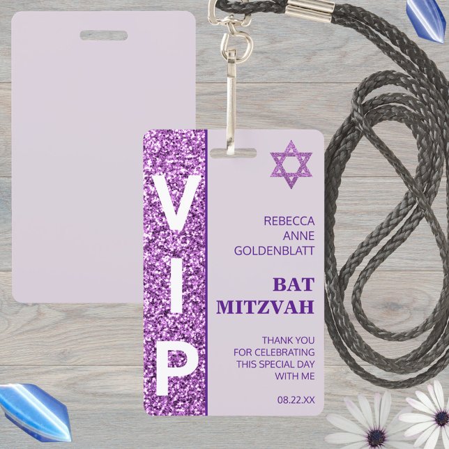 Glam Purple Unique VIP Bat Mitzvah Party Favour ID Badge (Custom VIP pass badges are so fun for a Bat Mitzvah party and make unique party favors)