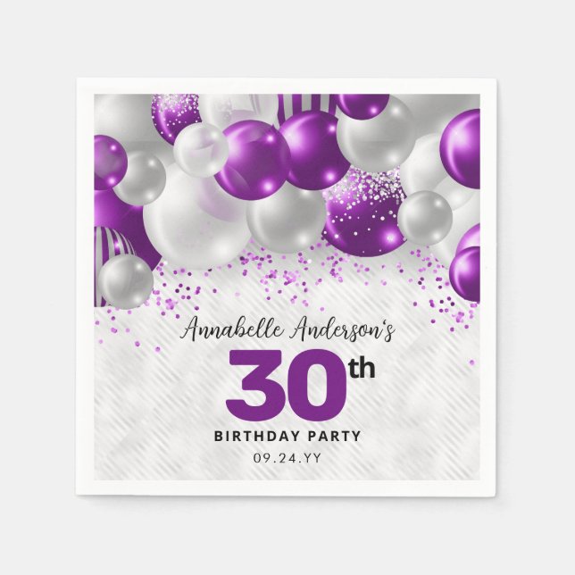 Glam Purple Violet Silver Balloon Glitter Birthday Napkin (Front)