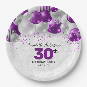 Glam Purple Violet Silver Balloon Glitter Birthday Paper Plate
