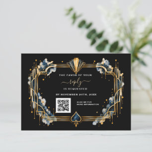 Glam QR Code Casino Gold Black Art Deco Wedding RSVP Card