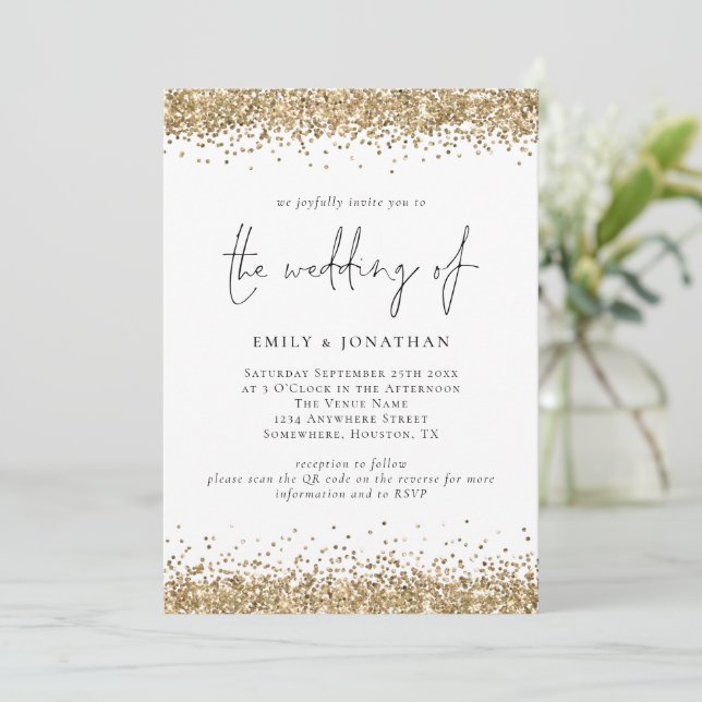 Glam QR Code Gold Glitter Borders Wedding Invitation (Standing Front)