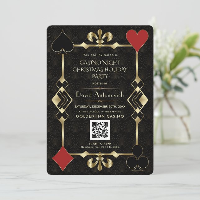 Glam QR Code Vegas Casino Night Christmas Holiday  Invitation (Standing Front)