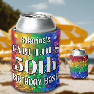 Glam Rainbow Glitter Fabulous 50 Birthday Party Can Cooler