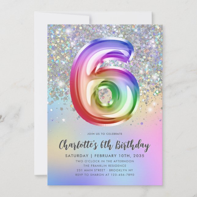Glam Rainbow Glitter Foil Balloon 5th Birthday Invitation (Front)