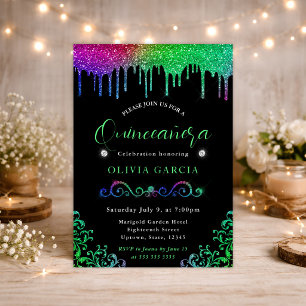 Glam Rainbow Gradient Glitter Quinceanera Invitation