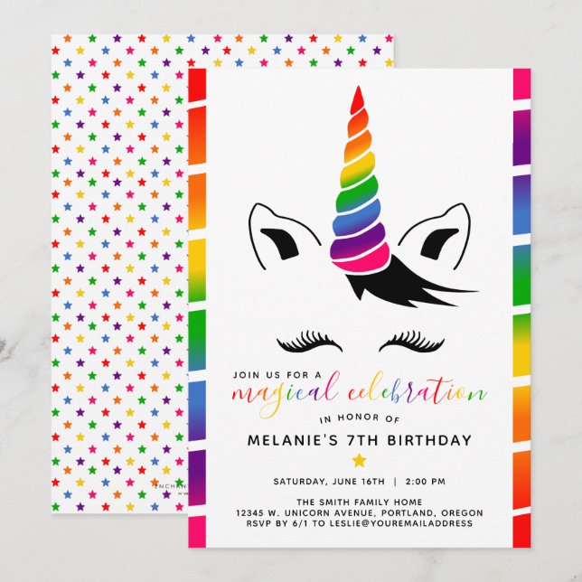 Glam Rainbow Unicorn Birthday Party Invitation (Front/Back)