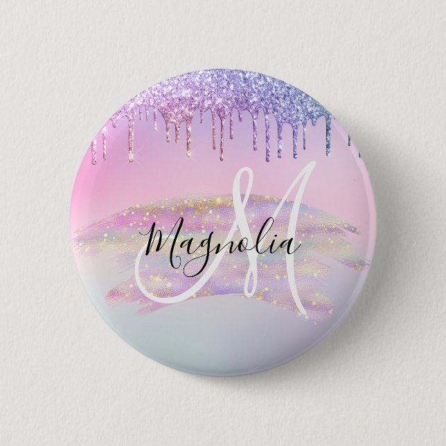 Glam Rainbow Unicorn Ombre Glitter Pink Monogram 6 Cm Round Badge (Front)