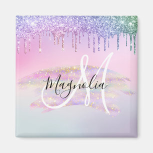Glam Rainbow Unicorn Ombre Glitter Pink Monogram Magnet