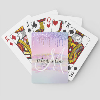 Glam Rainbow Unicorn Ombre Glitter Pink Monogram Playing Cards