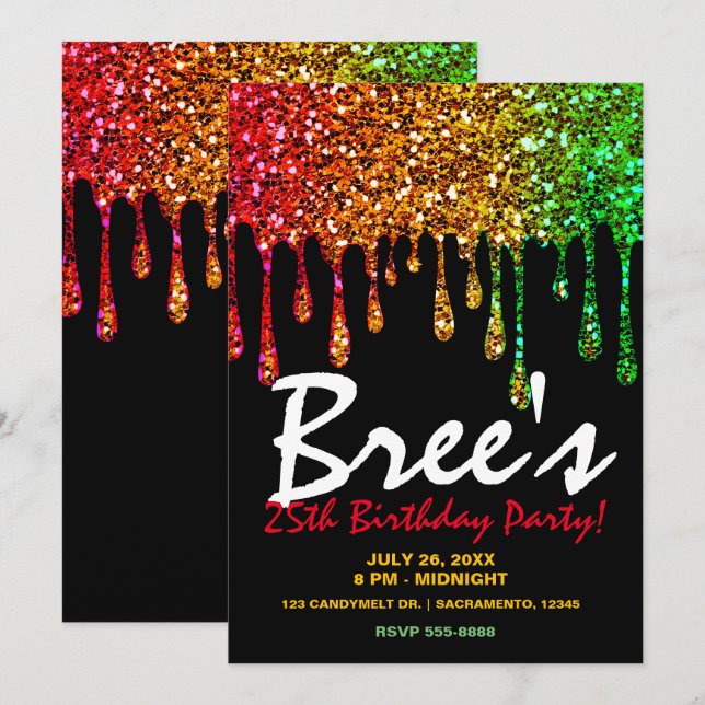 Glam Rasta Rainbow Glitter Drips Birthday Party Invitation (Front/Back)